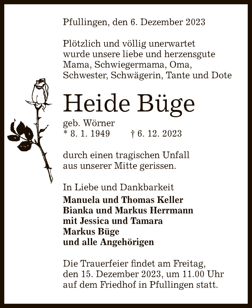  Traueranzeige für Heide Büge vom 09.12.2023 aus Reutlinger General-Anzeiger