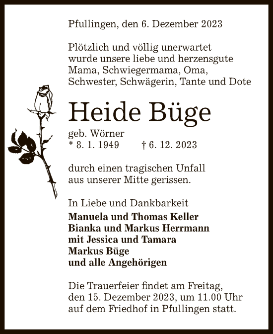 Anzeige von Heide Büge von Reutlinger General-Anzeiger