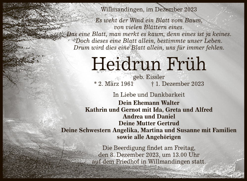  Traueranzeige für Heidrun Früh vom 06.12.2023 aus Reutlinger General-Anzeiger