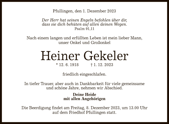 Anzeige von Heiner Gekeler von Reutlinger General-Anzeiger
