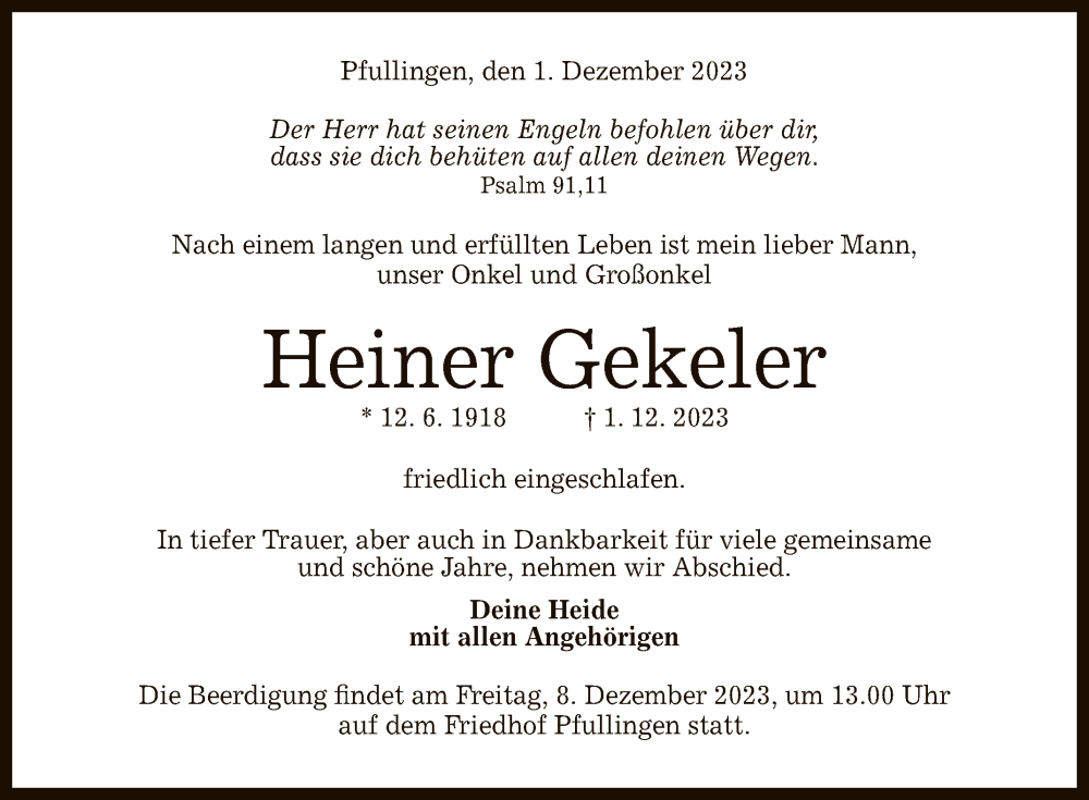  Traueranzeige für Heiner Gekeler vom 02.12.2023 aus Reutlinger General-Anzeiger