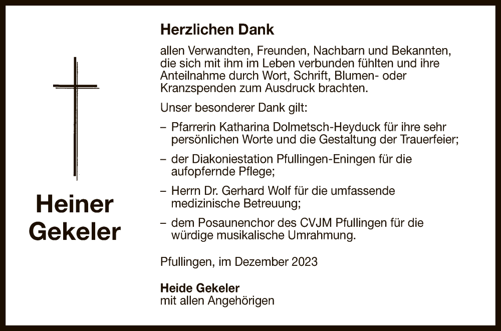  Traueranzeige für Heiner Gekeler vom 16.12.2023 aus Reutlinger General-Anzeiger