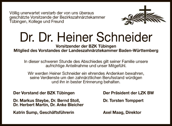 Anzeige von Heiner Schneider von Reutlinger General-Anzeiger