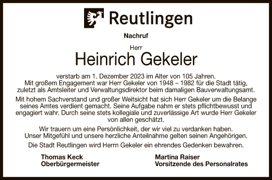 Anzeige von Heinrich Gekeler von Reutlinger General-Anzeiger
