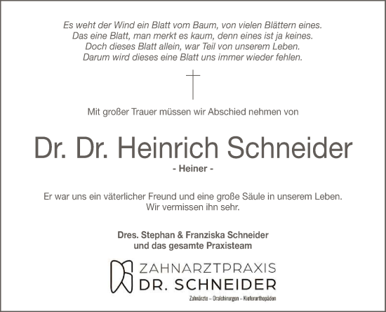 Anzeige von Heinrich Schneider von Reutlinger General-Anzeiger