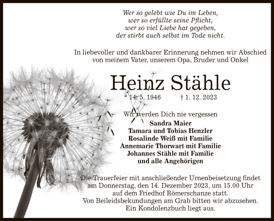 Anzeige von Heinz Stähle von Reutlinger General-Anzeiger
