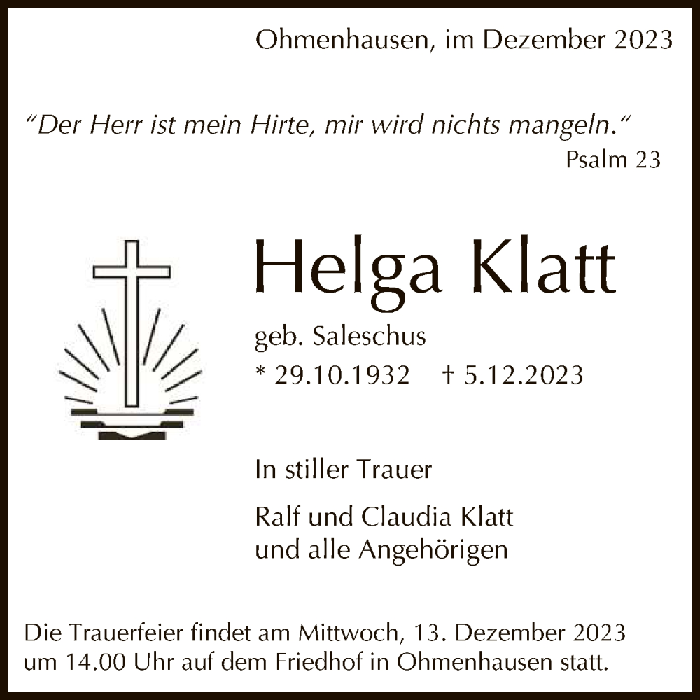  Traueranzeige für Helga Klatt vom 09.12.2023 aus Reutlinger General-Anzeiger