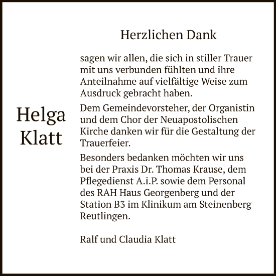 Anzeige von Helga Klatt von Reutlinger General-Anzeiger