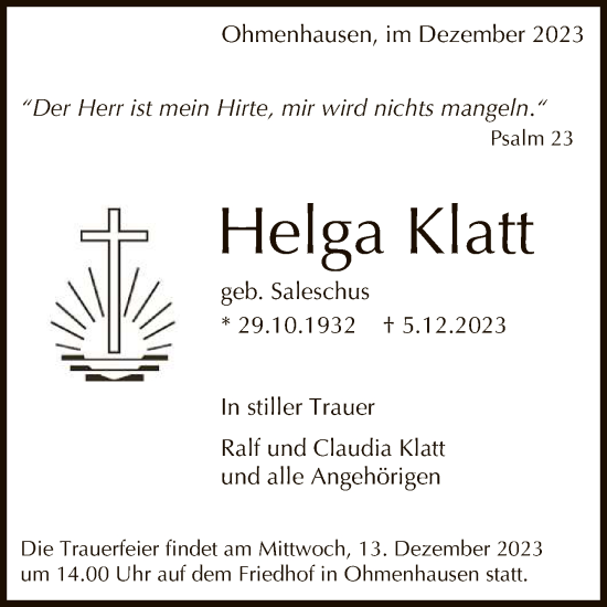 Anzeige von Helga Klatt von Reutlinger General-Anzeiger