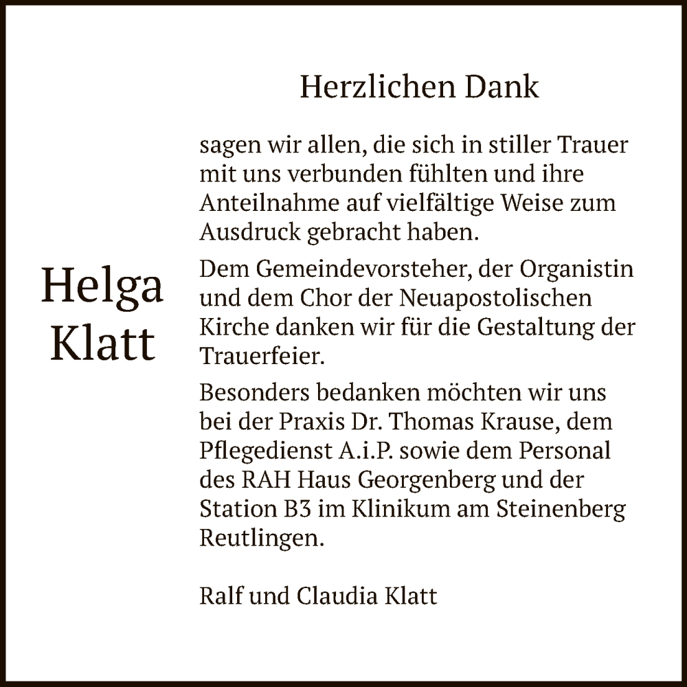  Traueranzeige für Helga Klatt vom 16.12.2023 aus Reutlinger General-Anzeiger
