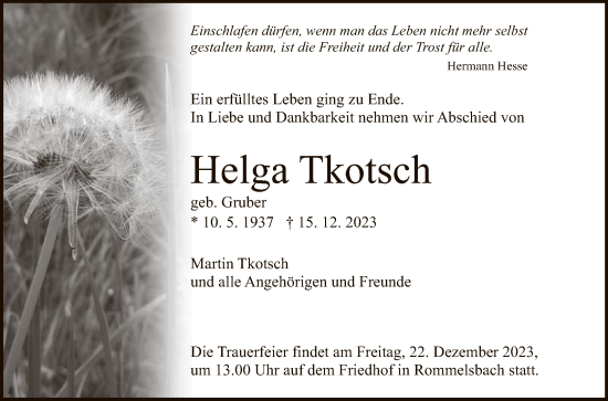 Anzeige von Helga Tkotsch von Reutlinger General-Anzeiger