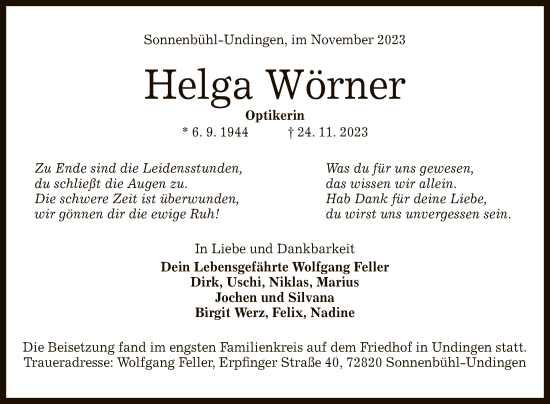 Anzeige von Helga Wörner von Reutlinger General-Anzeiger