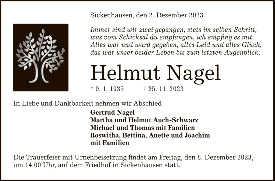 Anzeige von Helmut Nagel von Reutlinger General-Anzeiger