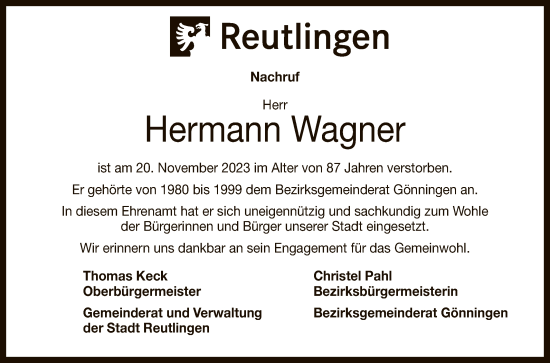 Anzeige von Hermann Wagner von Reutlinger General-Anzeiger