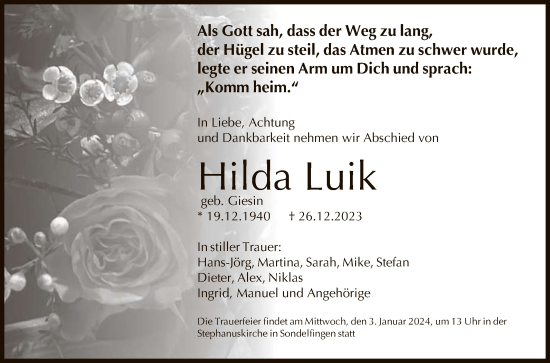 Anzeige von Hilda Luik von Reutlinger General-Anzeiger