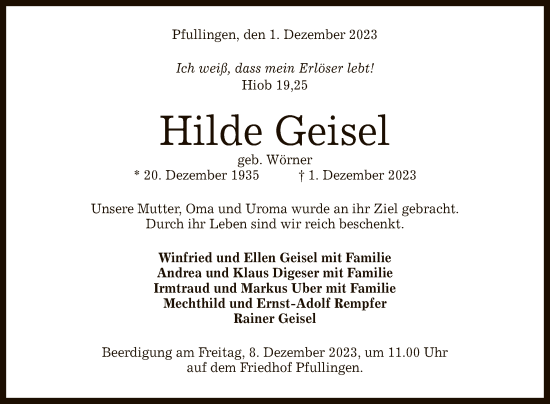 Anzeige von Hilde Geisel von Reutlinger General-Anzeiger