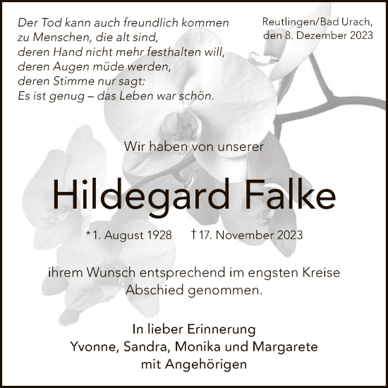 Anzeige von Hildegard Falke von Reutlinger General-Anzeiger
