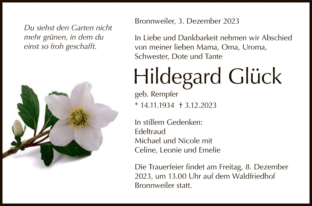  Traueranzeige für Hildegard Glück vom 06.12.2023 aus Reutlinger General-Anzeiger