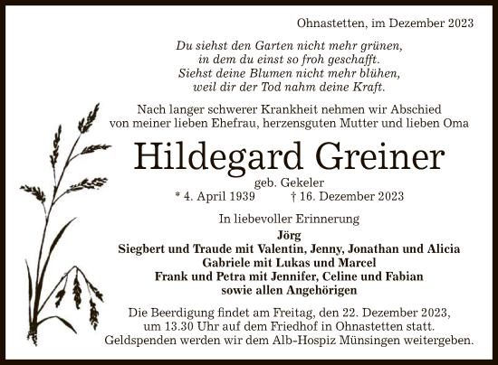Anzeige von Hildegard Greiner von Reutlinger General-Anzeiger