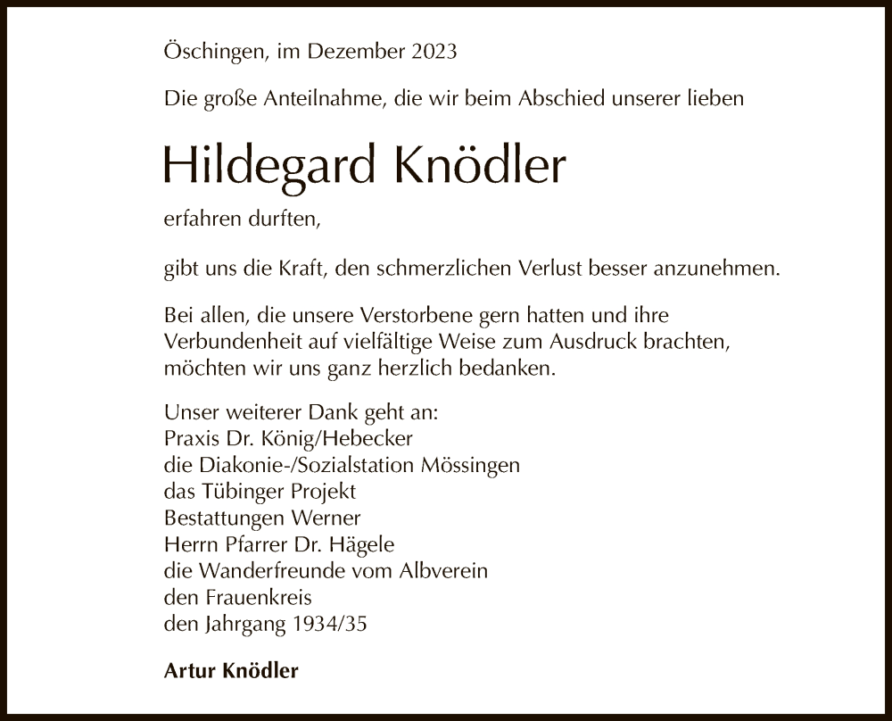  Traueranzeige für Hildegard Knödler vom 15.12.2023 aus Reutlinger General-Anzeiger