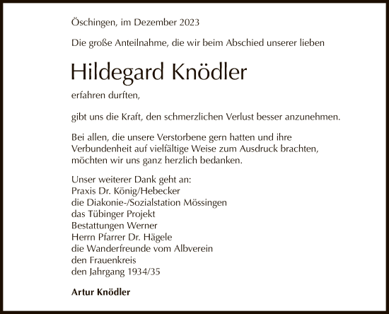 Anzeige von Hildegard Knödler von Reutlinger General-Anzeiger
