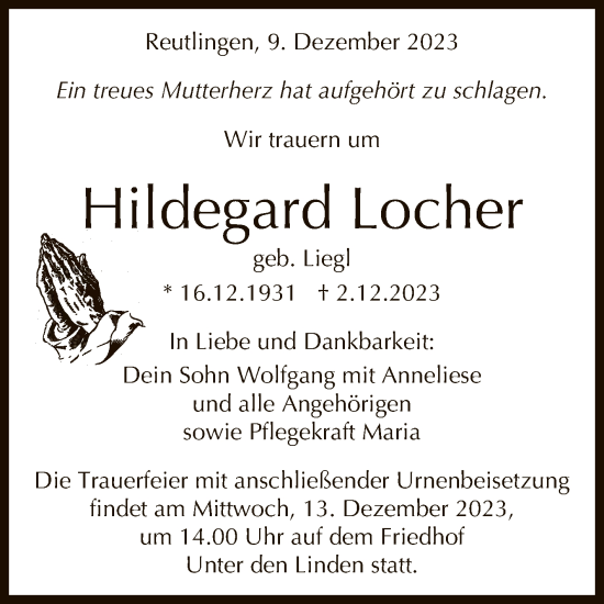 Anzeige von Hildegard Locher von Reutlinger General-Anzeiger