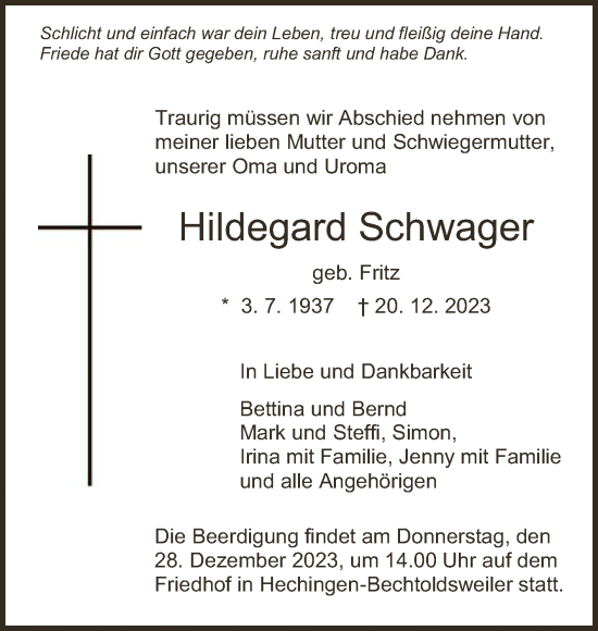 Anzeige von Hildegard Schwager von Reutlinger General-Anzeiger