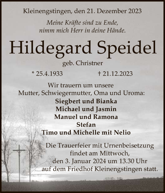 Anzeige von Hildegard Speidel von Reutlinger General-Anzeiger