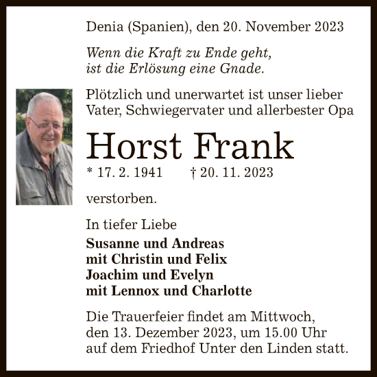 Anzeige von Horst Frank von Reutlinger General-Anzeiger