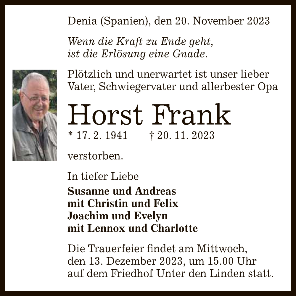  Traueranzeige für Horst Frank vom 09.12.2023 aus Reutlinger General-Anzeiger