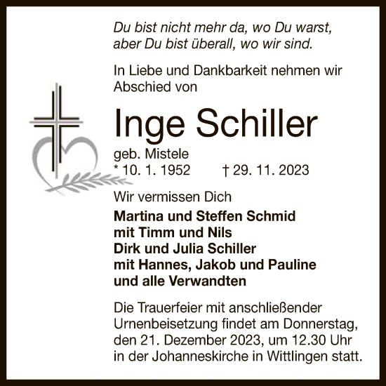 Anzeige von Inge Schiller von Reutlinger General-Anzeiger