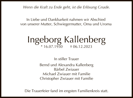 Anzeige von Ingeborg Kallenberg von Reutlinger General-Anzeiger