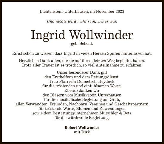 Anzeige von Ingrid Wollwinder von Reutlinger General-Anzeiger