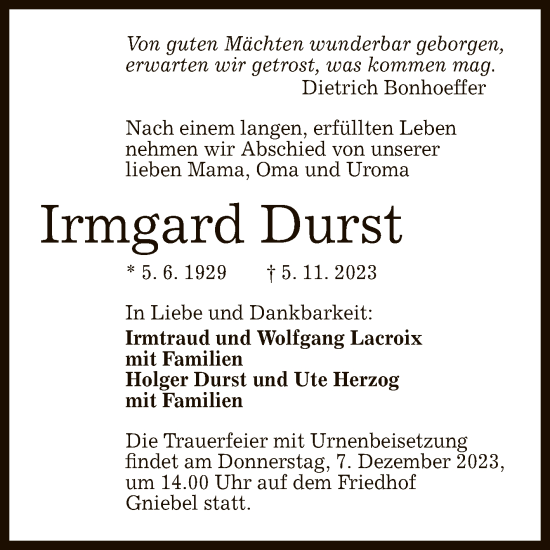 Anzeige von Irmgard Durst von Reutlinger General-Anzeiger