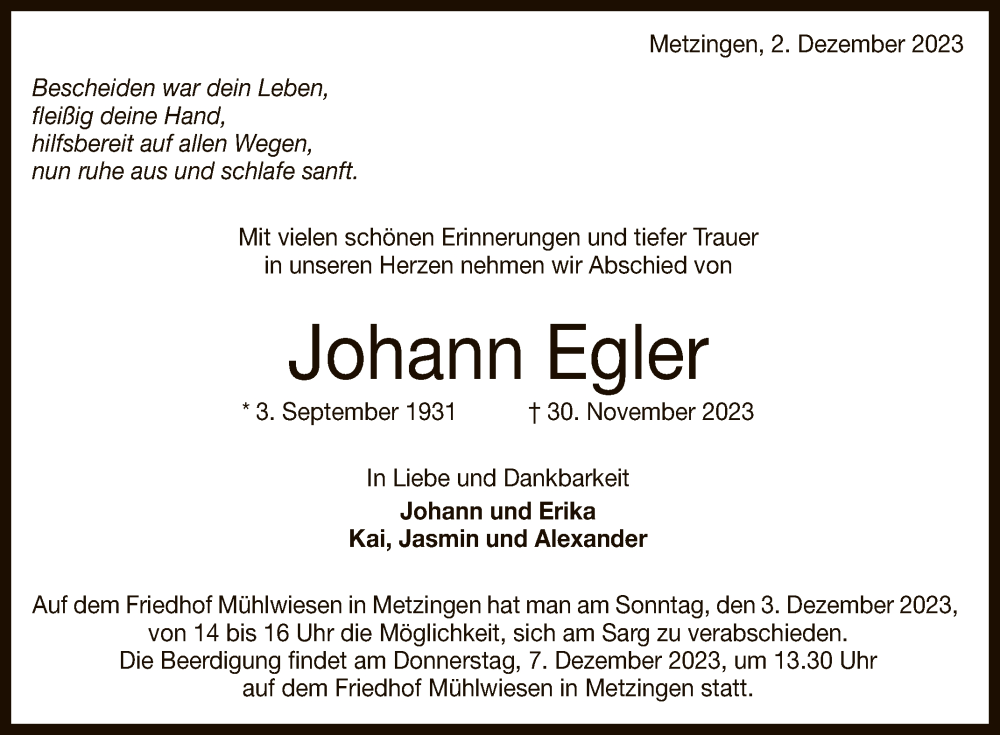 Traueranzeige für Johann Egler vom 02.12.2023 aus Reutlinger General-Anzeiger