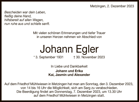 Anzeige von Johann Egler von Reutlinger General-Anzeiger