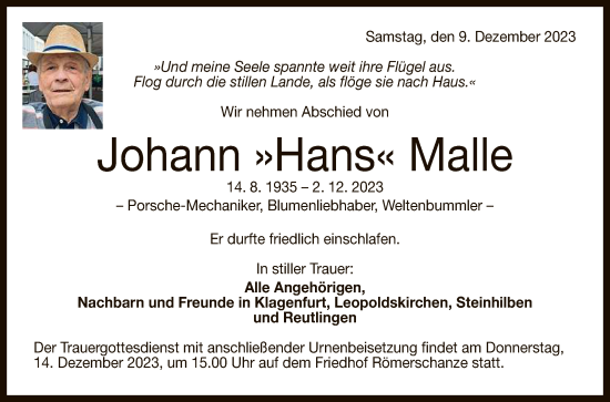 Anzeige von Johann Malle von Reutlinger General-Anzeiger