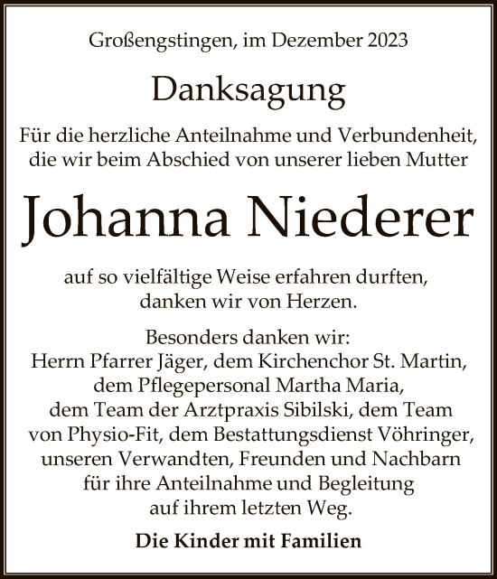 Anzeige von Johanna Niederer von Reutlinger General-Anzeiger