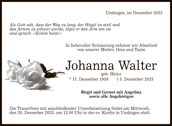 Anzeige von Johanna Walter von Reutlinger General-Anzeiger