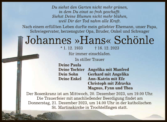 Anzeige von Johannes Schönle von Reutlinger General-Anzeiger