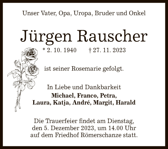 Anzeige von Jürgen Rauscher von Reutlinger General-Anzeiger