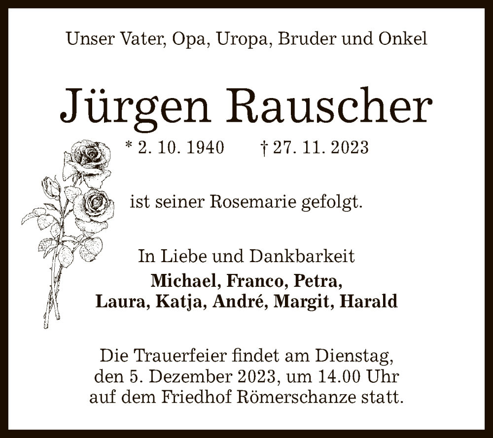  Traueranzeige für Jürgen Rauscher vom 02.12.2023 aus Reutlinger General-Anzeiger