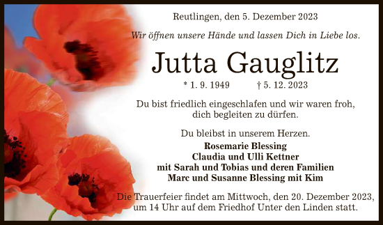 Anzeige von Jutta Gauglitz von Reutlinger General-Anzeiger