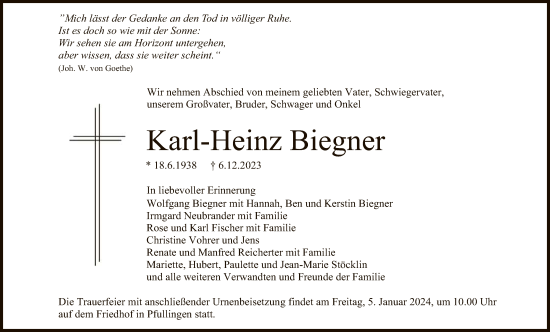Anzeige von Karl-Heinz Biegner von Reutlinger General-Anzeiger