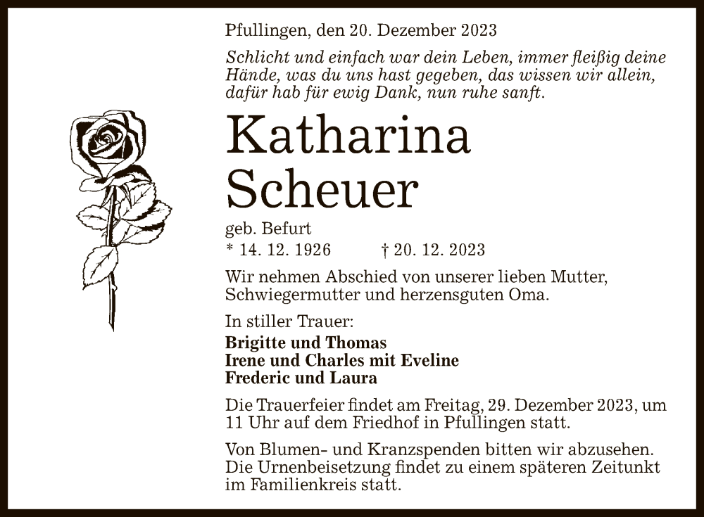  Traueranzeige für Katharina Scheuer vom 27.12.2023 aus Reutlinger General-Anzeiger