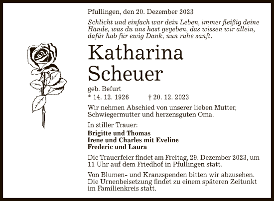 Anzeige von Katharina Scheuer von Reutlinger General-Anzeiger