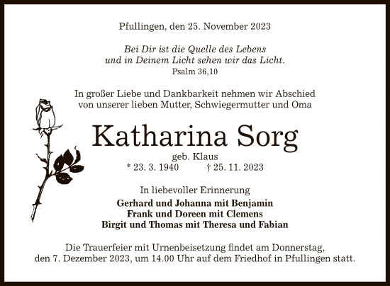 Anzeige von Katharina Sorg von Reutlinger General-Anzeiger