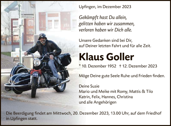 Anzeige von Klaus Goller von Reutlinger General-Anzeiger