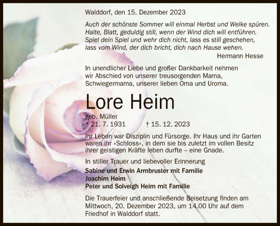 Anzeige von Lore Heim von Reutlinger General-Anzeiger