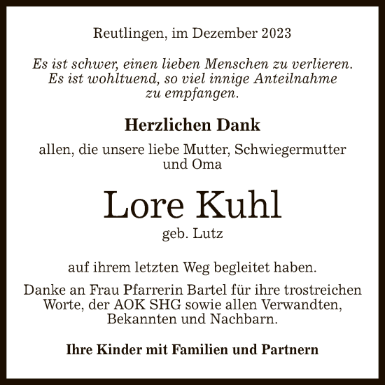 Anzeige von Lore Kuhl von Reutlinger General-Anzeiger